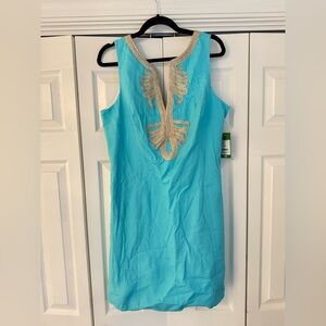 Lilly Pulitzer Shorely Blue and Gold Textured Dress Size 14 NWT